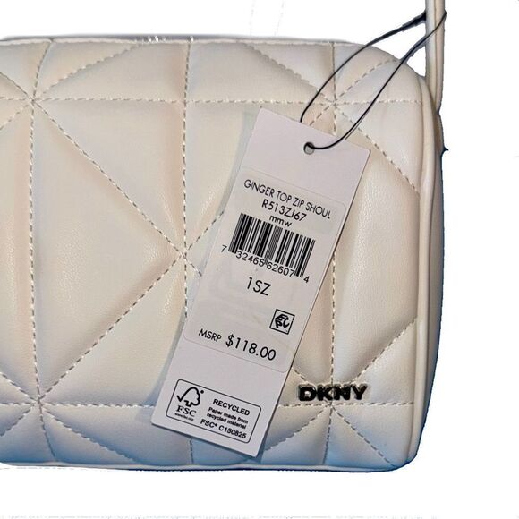 DKNY Ginger Top Zip White Quilted Faux Leather Shoulder Bag w/ NY Heart Charm - Picture 3 of 10